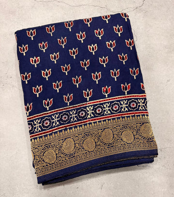 Navy blue small butta Kanchi border pure Ajrak dola sarees