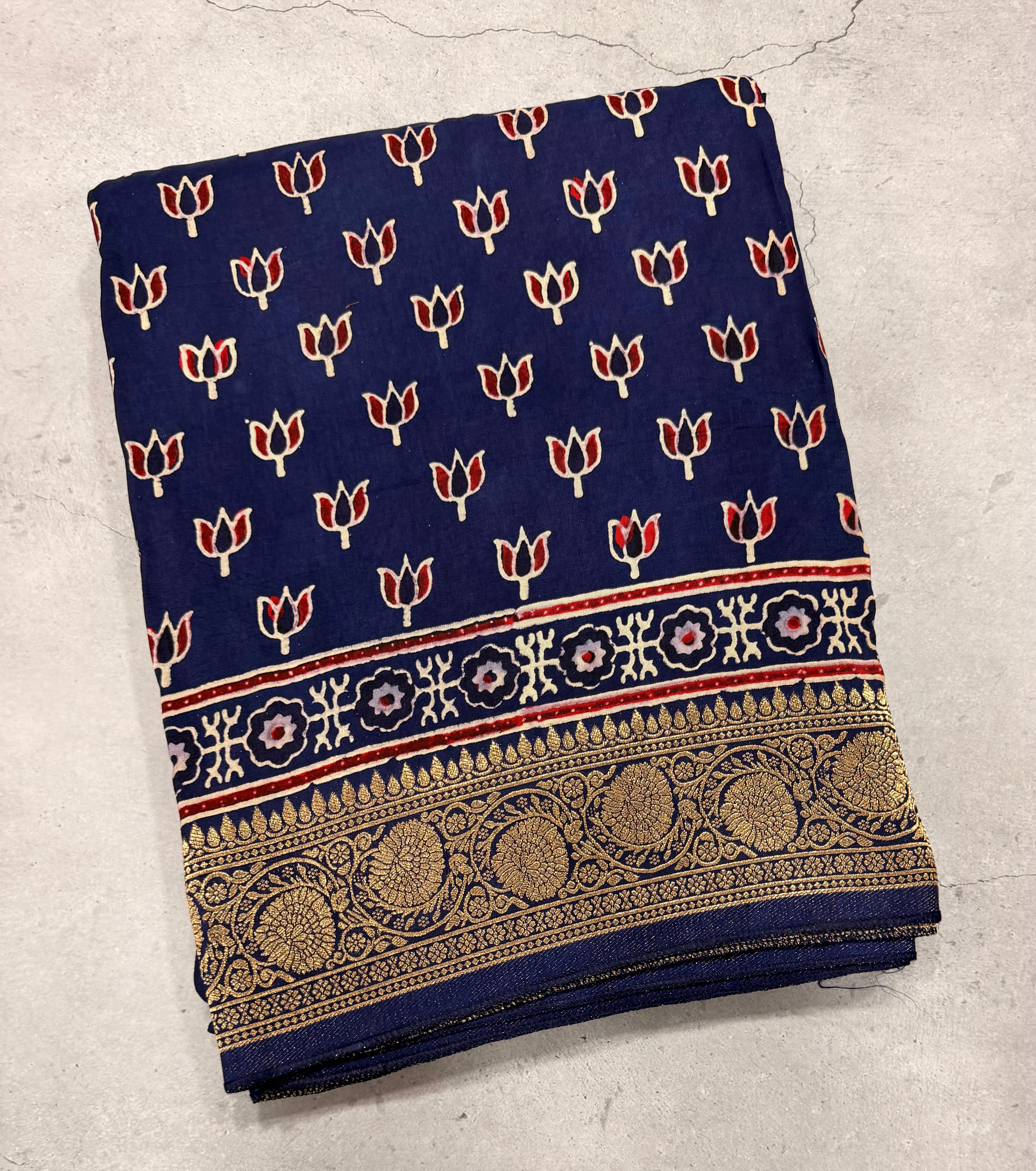 Navy blue small butta Kanchi border pure Ajrak dola sarees