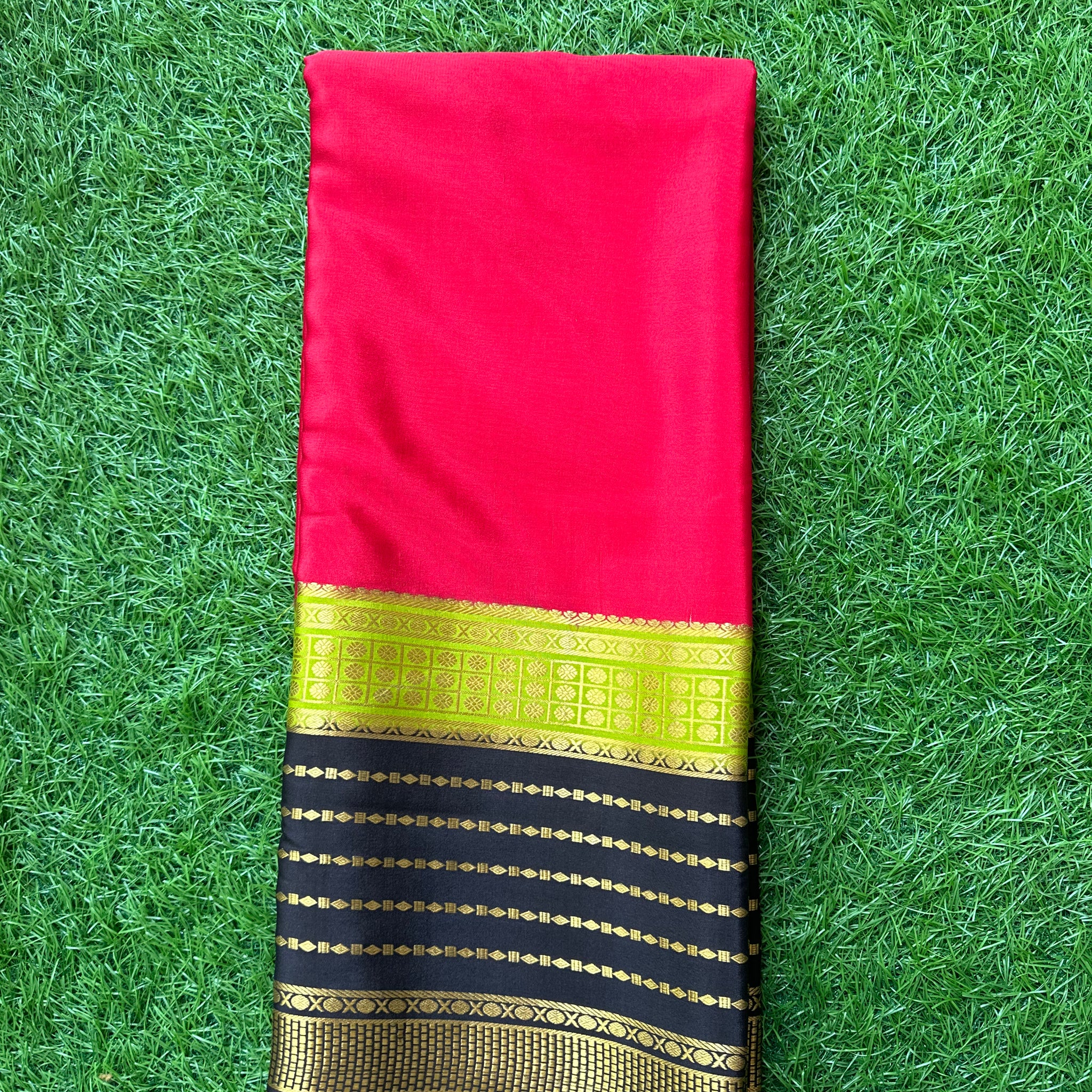 Red green and black,pure Mysore Silk crepe. 120 grams thickness