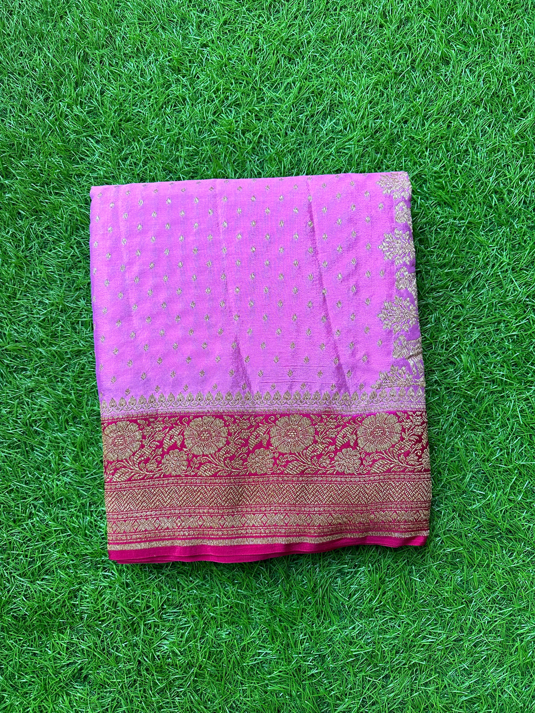 Baby pink and rani pink,pure crepe Banaras sarees.