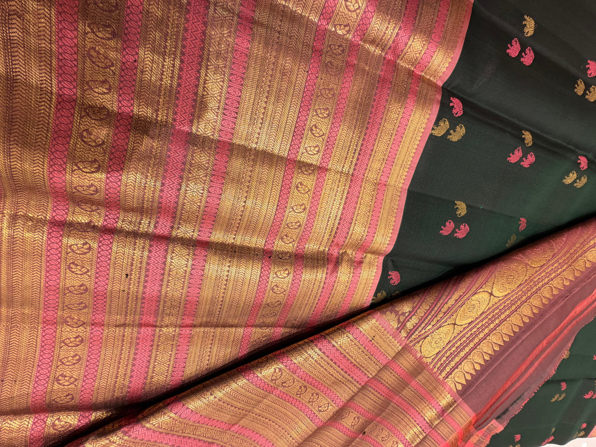 Bottle green with pink pure  Kanjeevaram saree