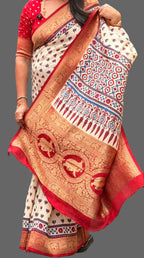 White small butta Kanchi border pure Ajrak dola sarees