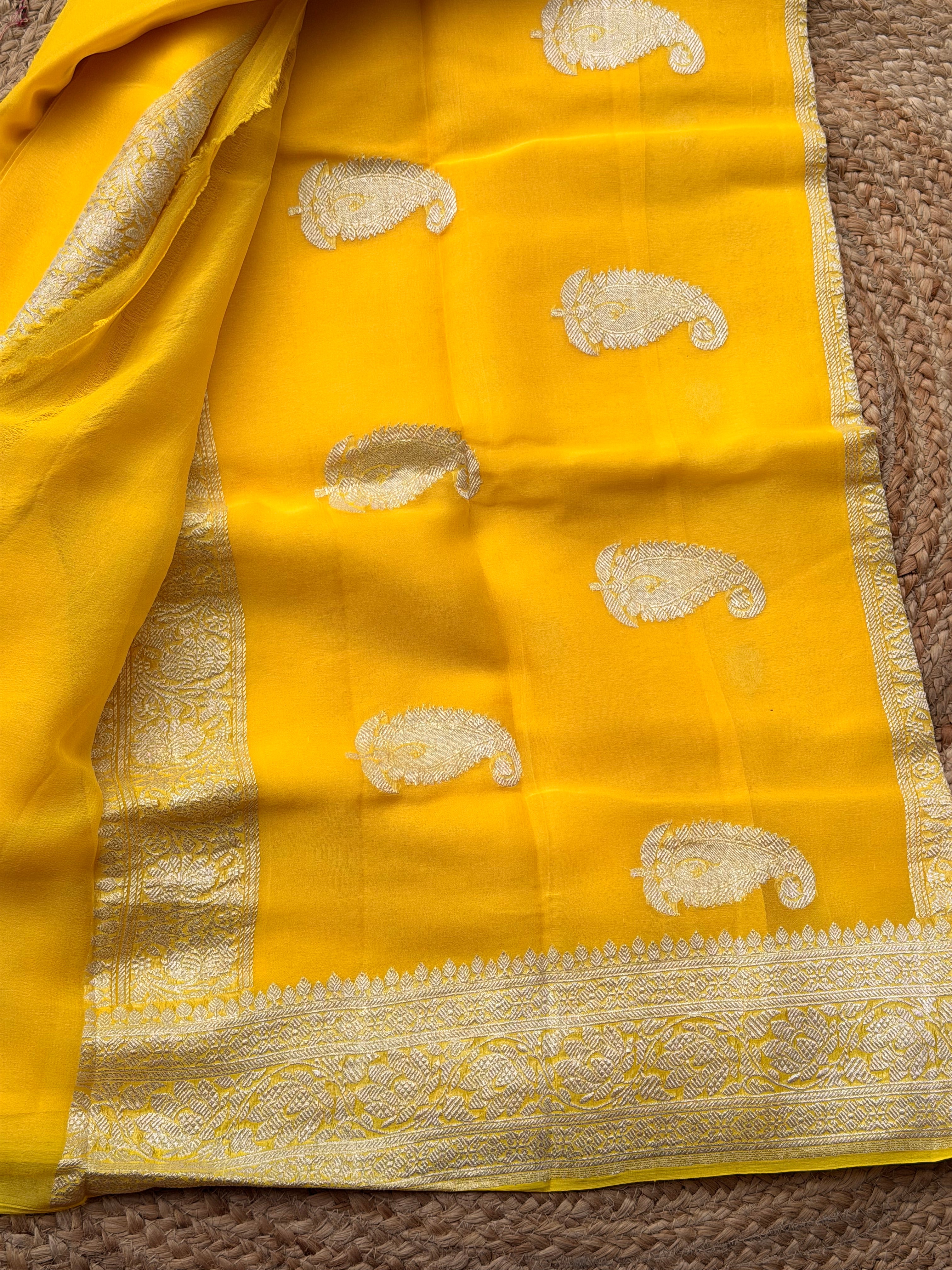 Lemon yellow Banarasi pure khadi chiffon saree sliver zari woven