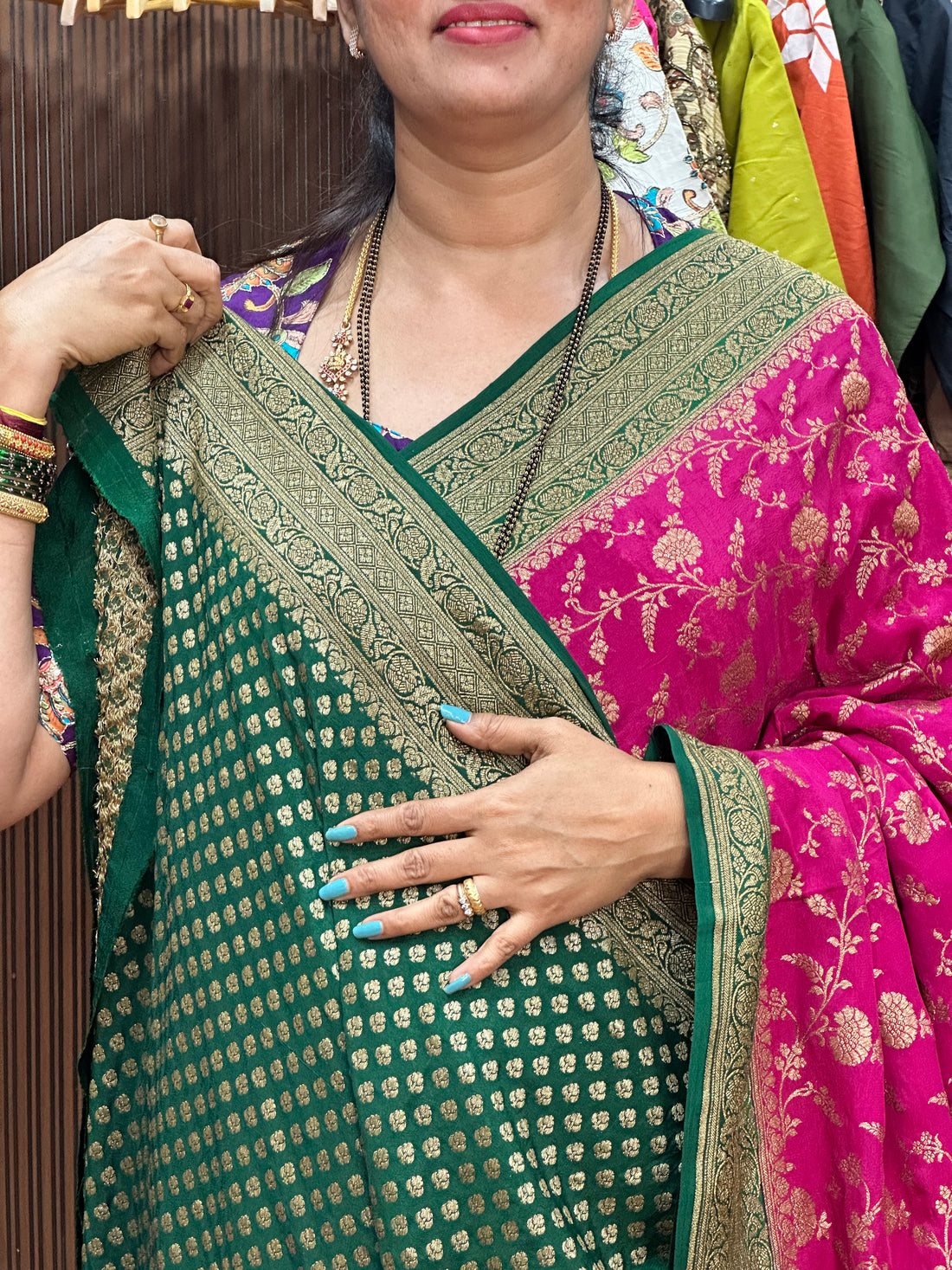 Pink with green jaal pure crepe Banaras silk sarees