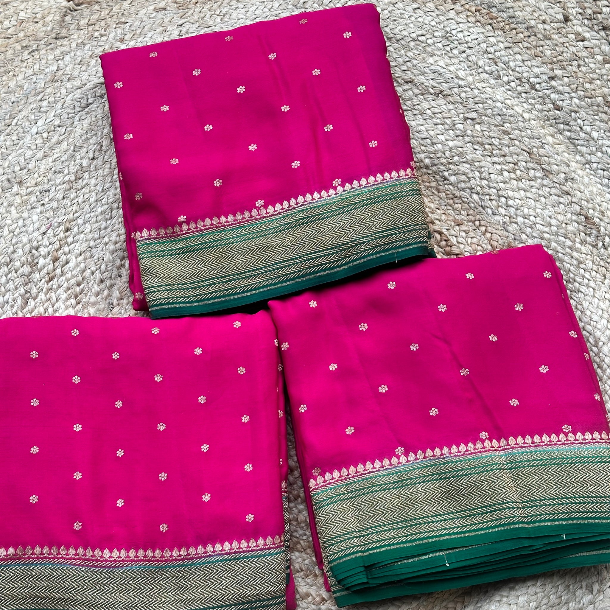 Strawberry pink with green pure crepe Banaras