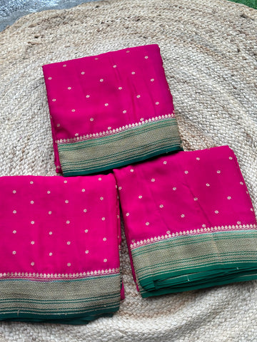 Strawberry pink with green pure crepe Banaras