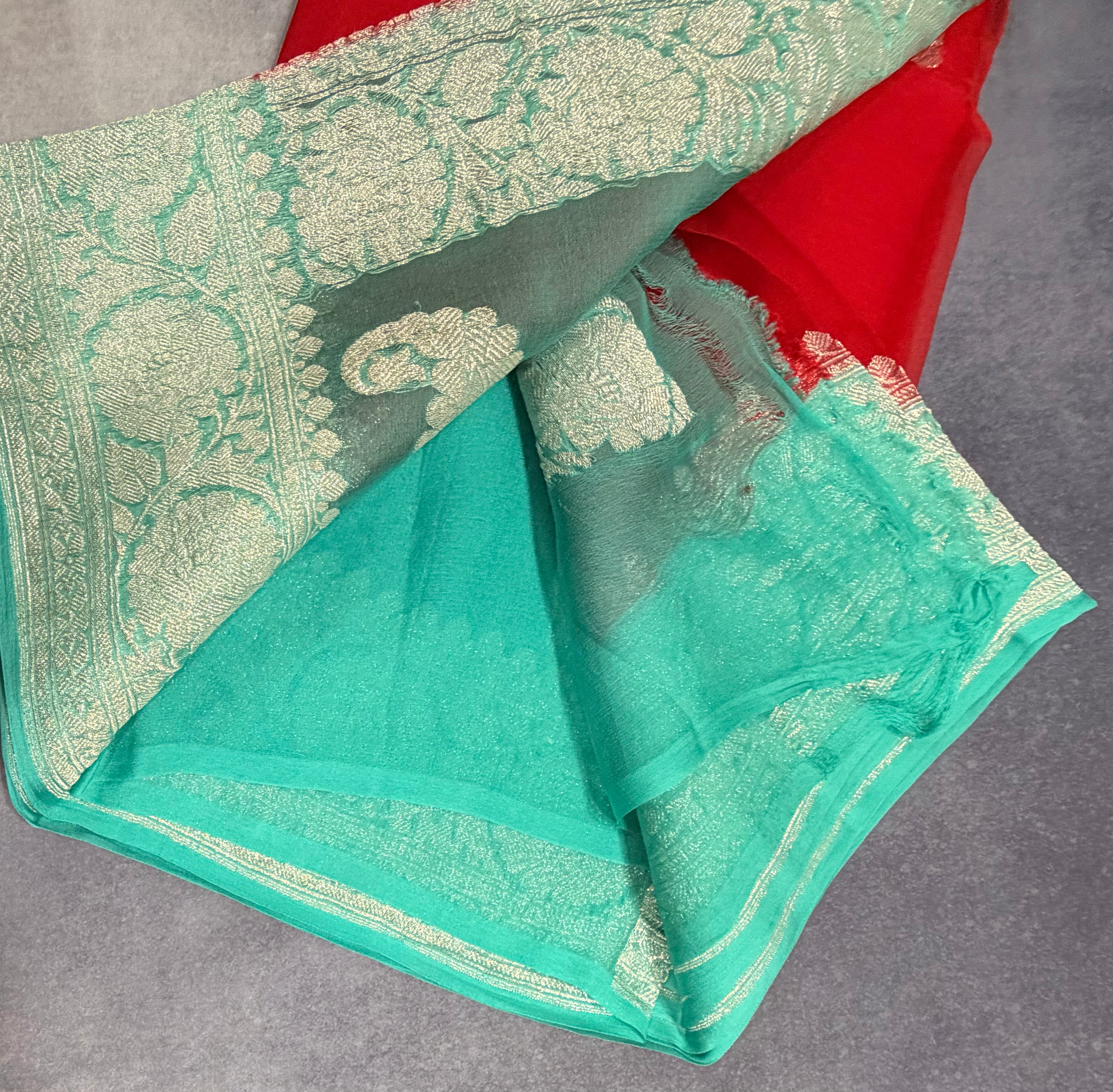 Red Banarasi pure khadi chiffon saree sliver zari saree