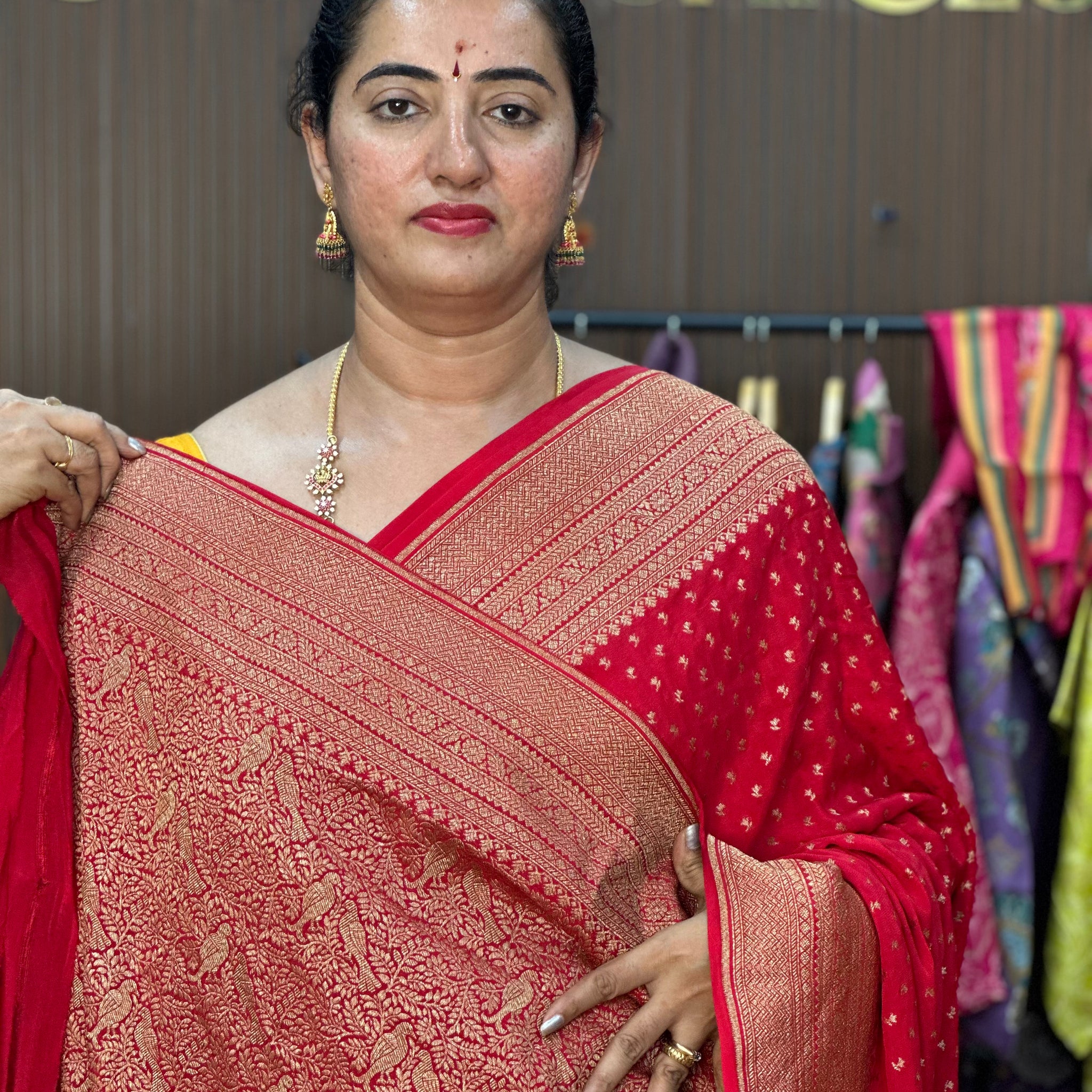 Hot Red pure crepe Banaras silk sarees. With brocade blouse