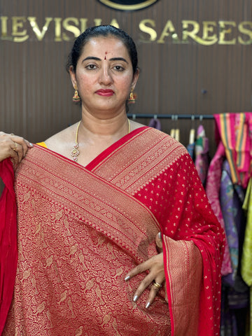 Hot Red pure crepe Banaras silk sarees. With brocade blouse
