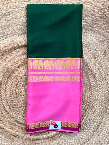 Mysuru Silk Crepe- Elephant 3 D Border (120 gsm) Bottle Green with pink and maroon border