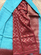 Sea blue with maroon Banaras crepe chiffon