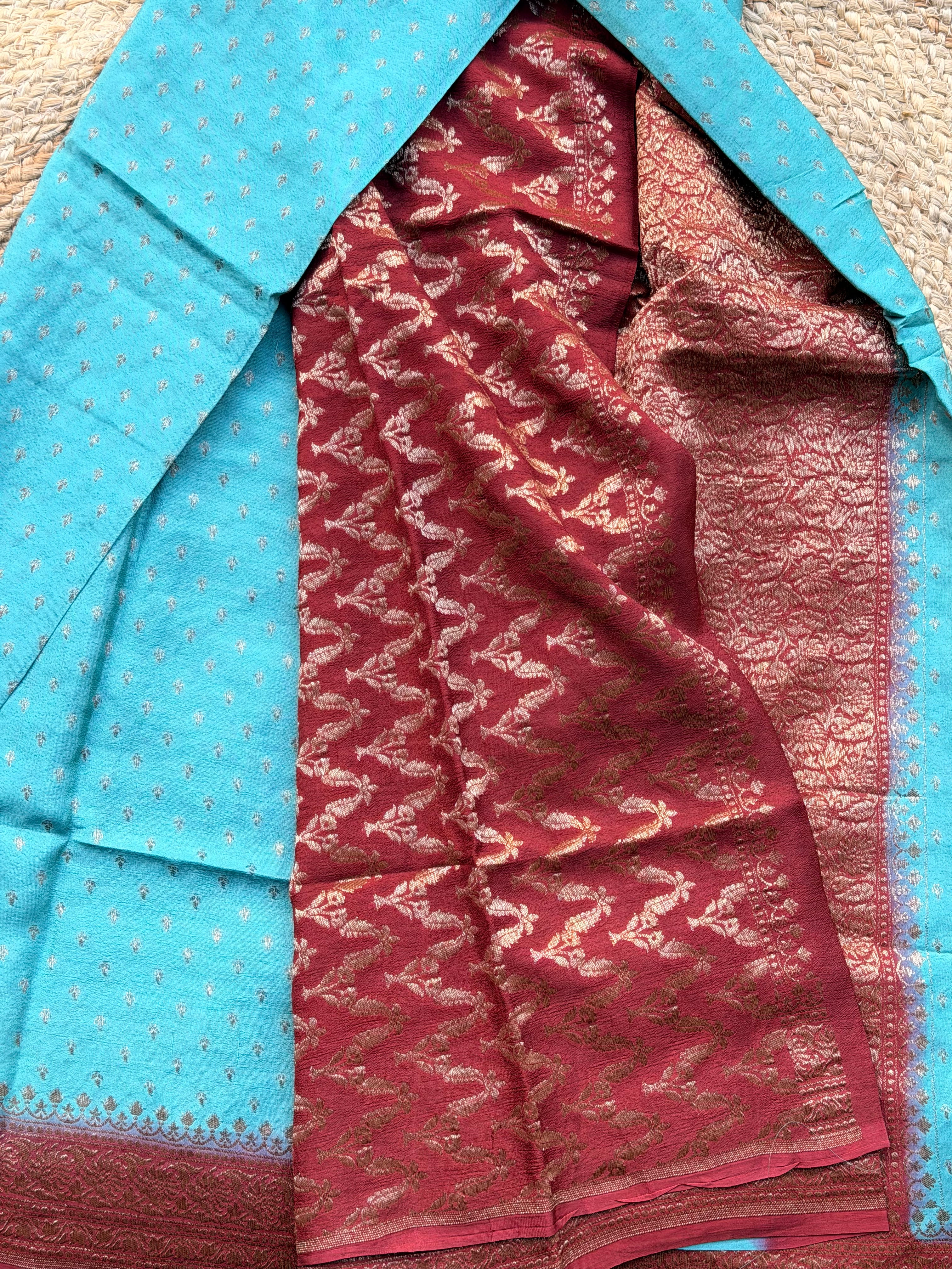 Sea blue with maroon Banaras crepe chiffon