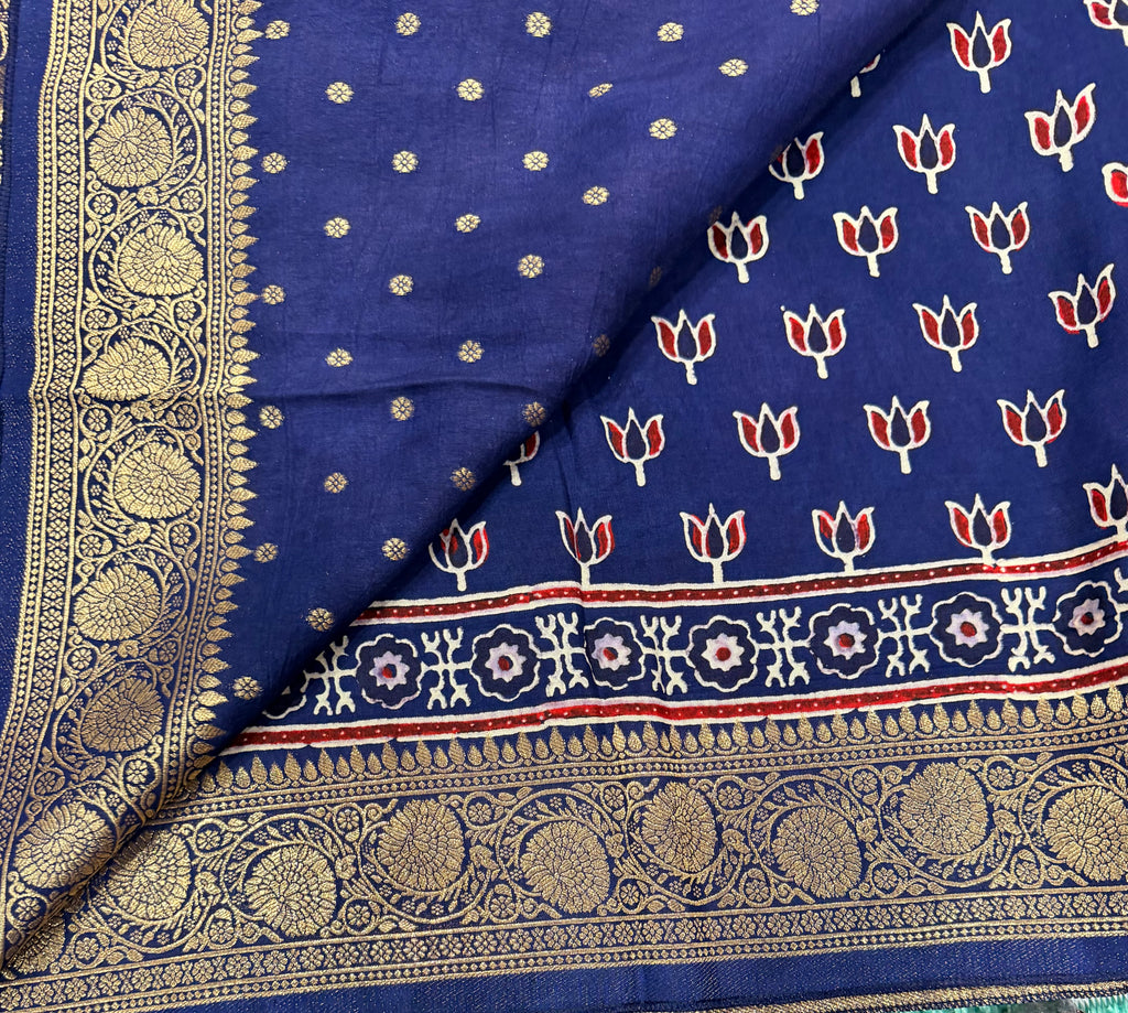 Navy blue small butta Kanchi border pure Ajrak dola sarees