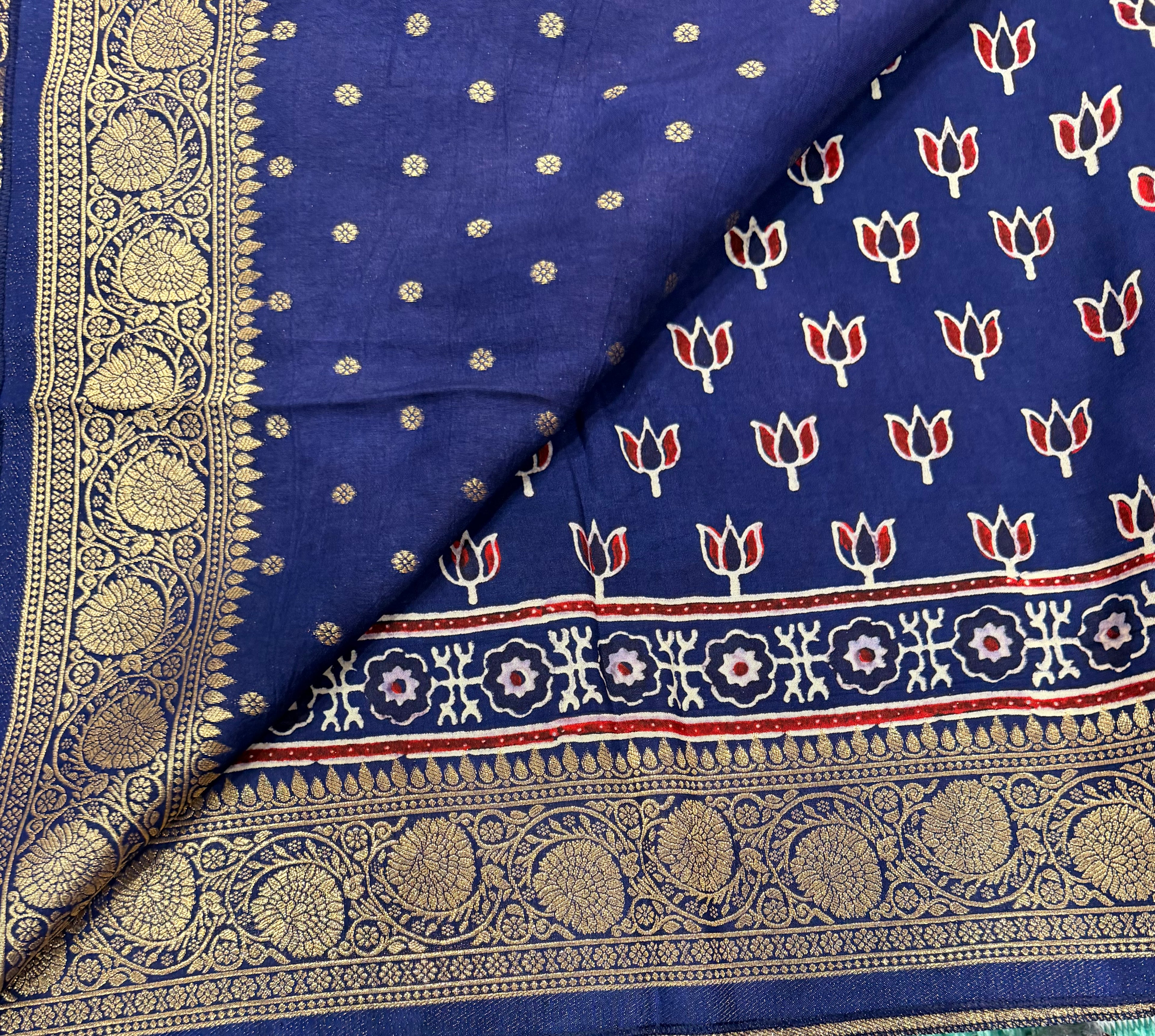 Navy blue small butta Kanchi border pure Ajrak dola sarees