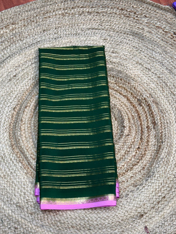 Green and pink pure Mysore silk crepe with small contrast border