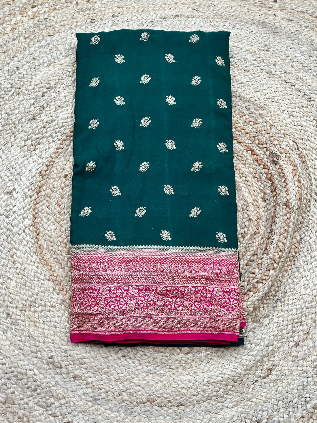 Green and pink 2D pure crepe Banaras sarees