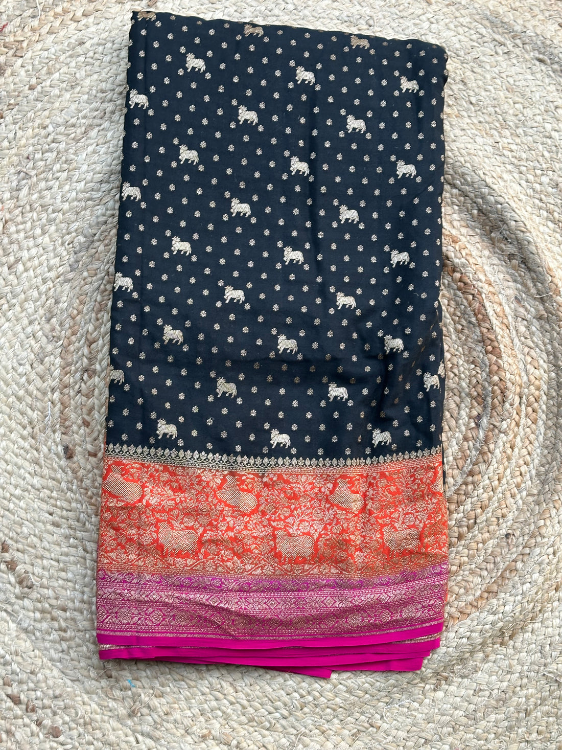 Black pink and orange 3D pure crepe Banaras silk sarees
