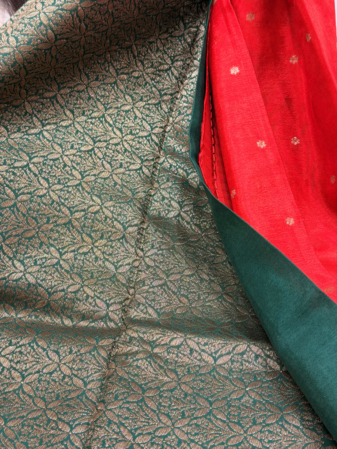 Red and green crepe chiffon antique zari