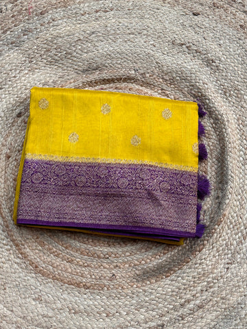 Mustard and purple tusser silk sarees with brocade blouse