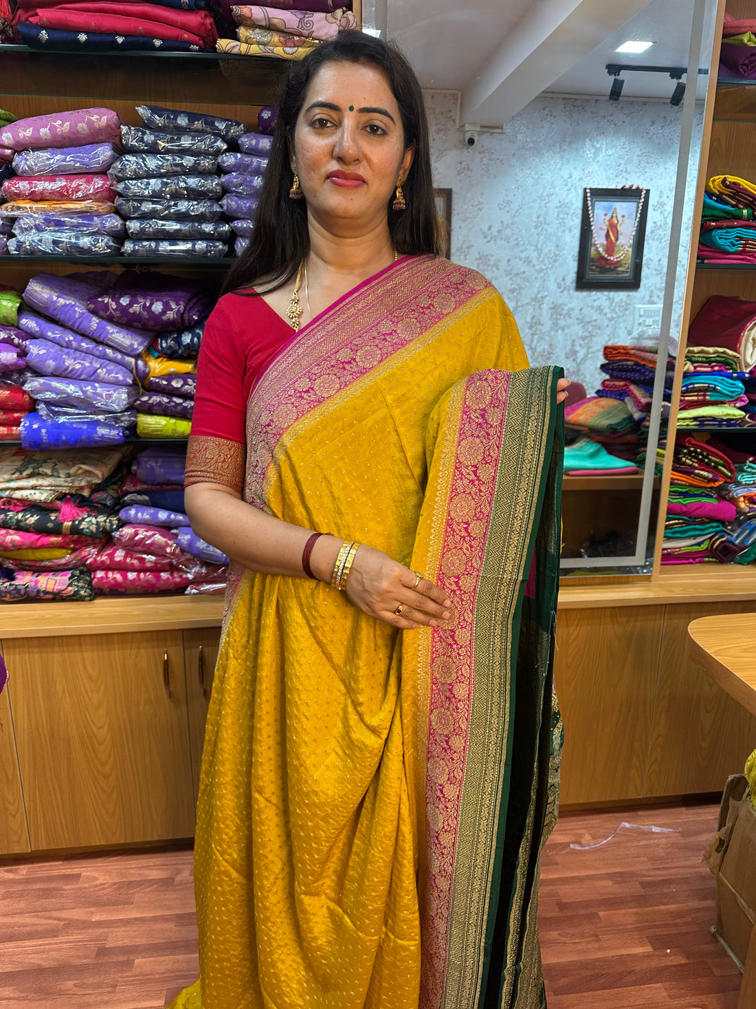 Mustard and green pink pure crepe Banaras 3D pattern with brocade blouse
