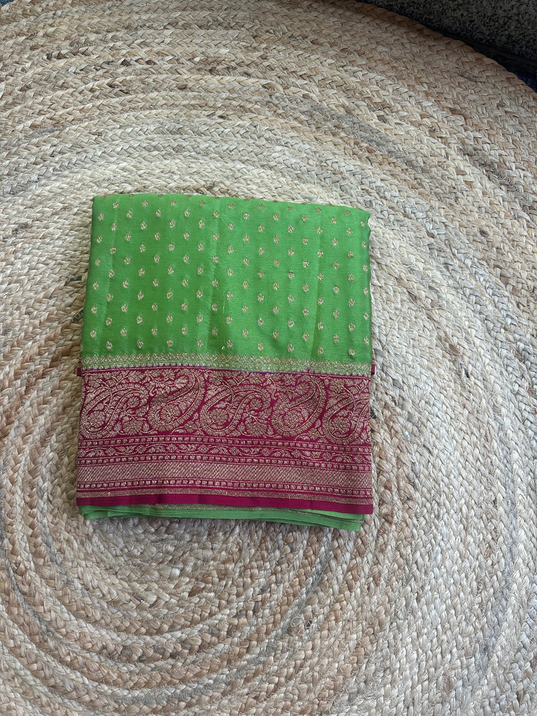 Green and mejentha pink pure crepe Banaras silk sarees.