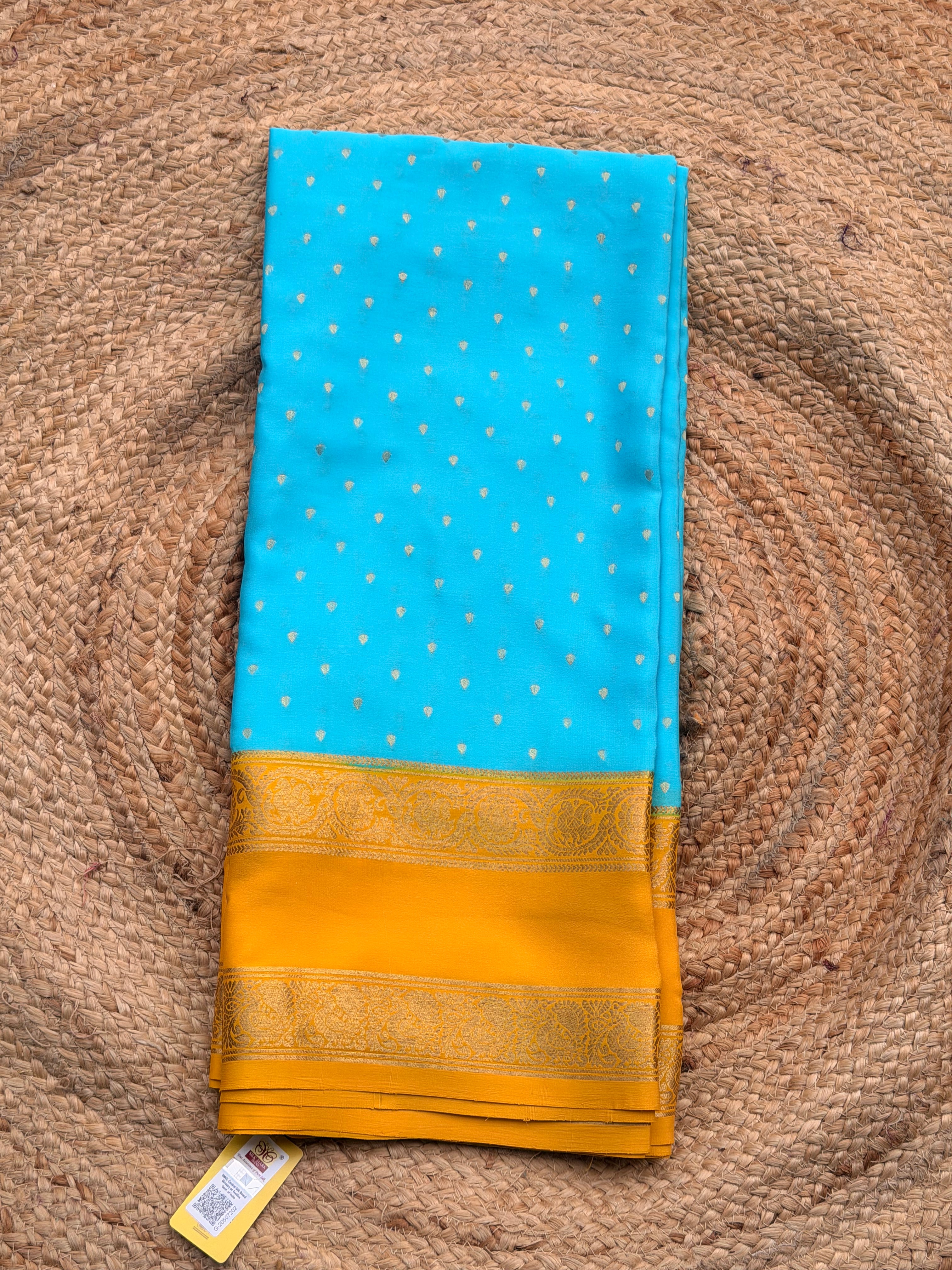 Sky blue and mango yellow 1000 butta pure crepe Mysore silk 120 gsm