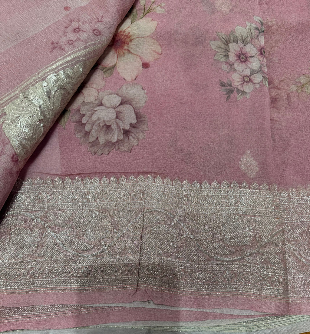 Pastel pink digital print Banarasi pure tissue chiffon saree sliver zari saree