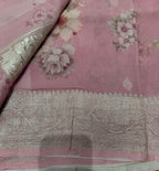 Pastel pink digital print Banarasi pure tissue chiffon saree sliver zari saree