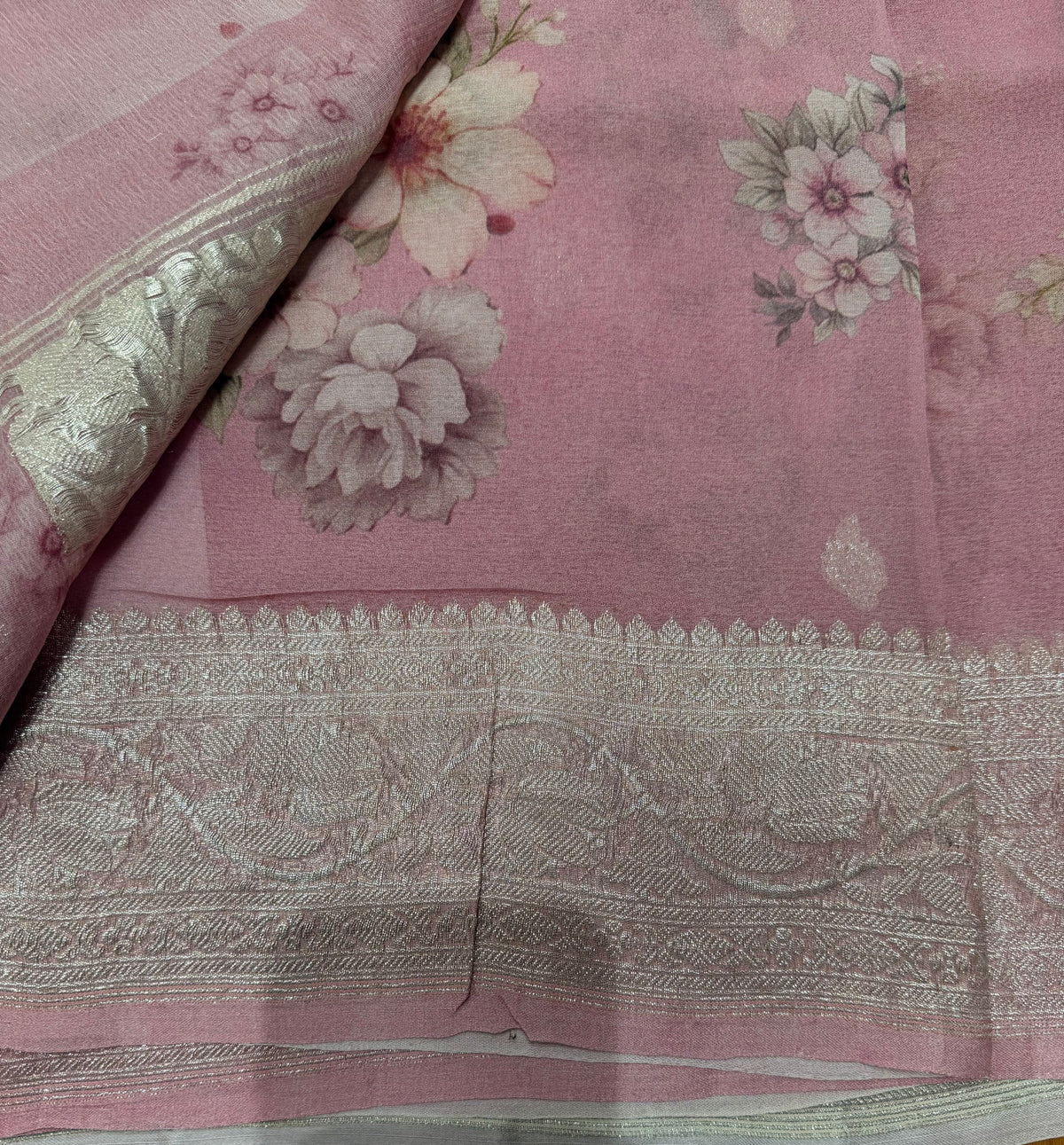 Pastel pink digital print Banarasi pure tissue chiffon saree sliver zari saree