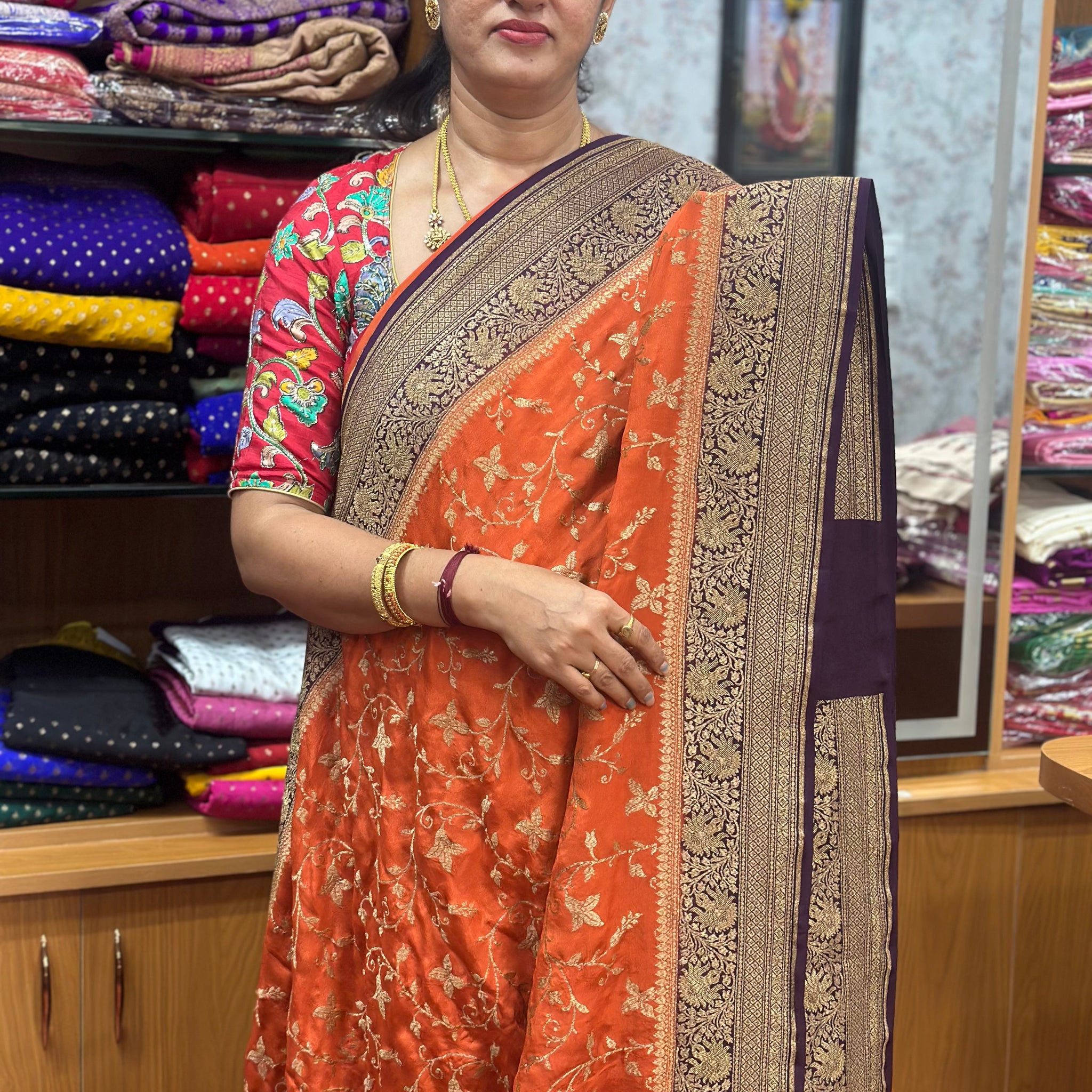Rust orange with brown pure crepe Banaras silk sarees, silk mark certified