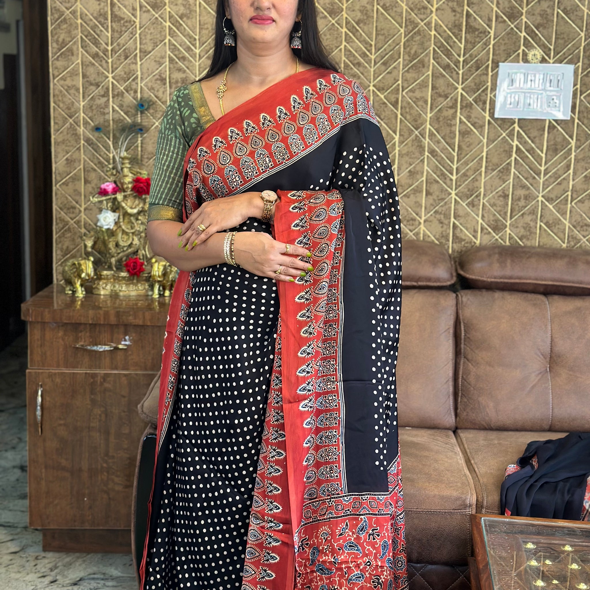 Black with red Ajrak  modal silk sarees.