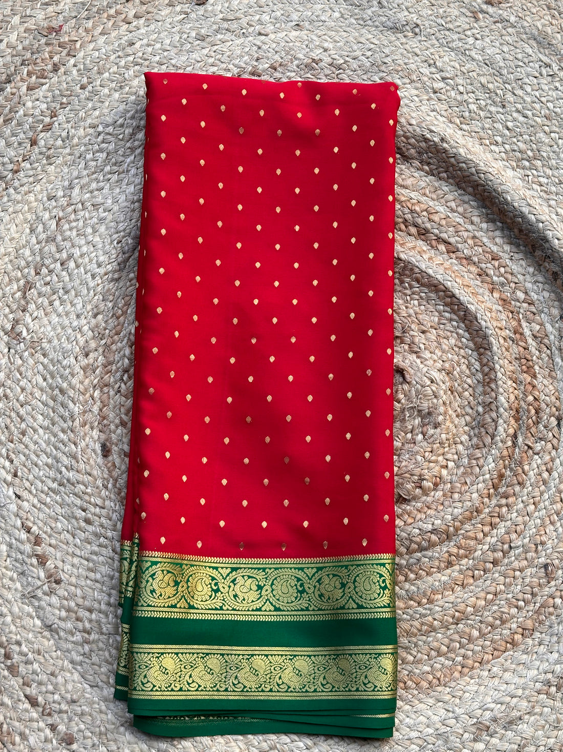 Red and green pure crepe Mysore Silk sarees 130 gsm thousand butta