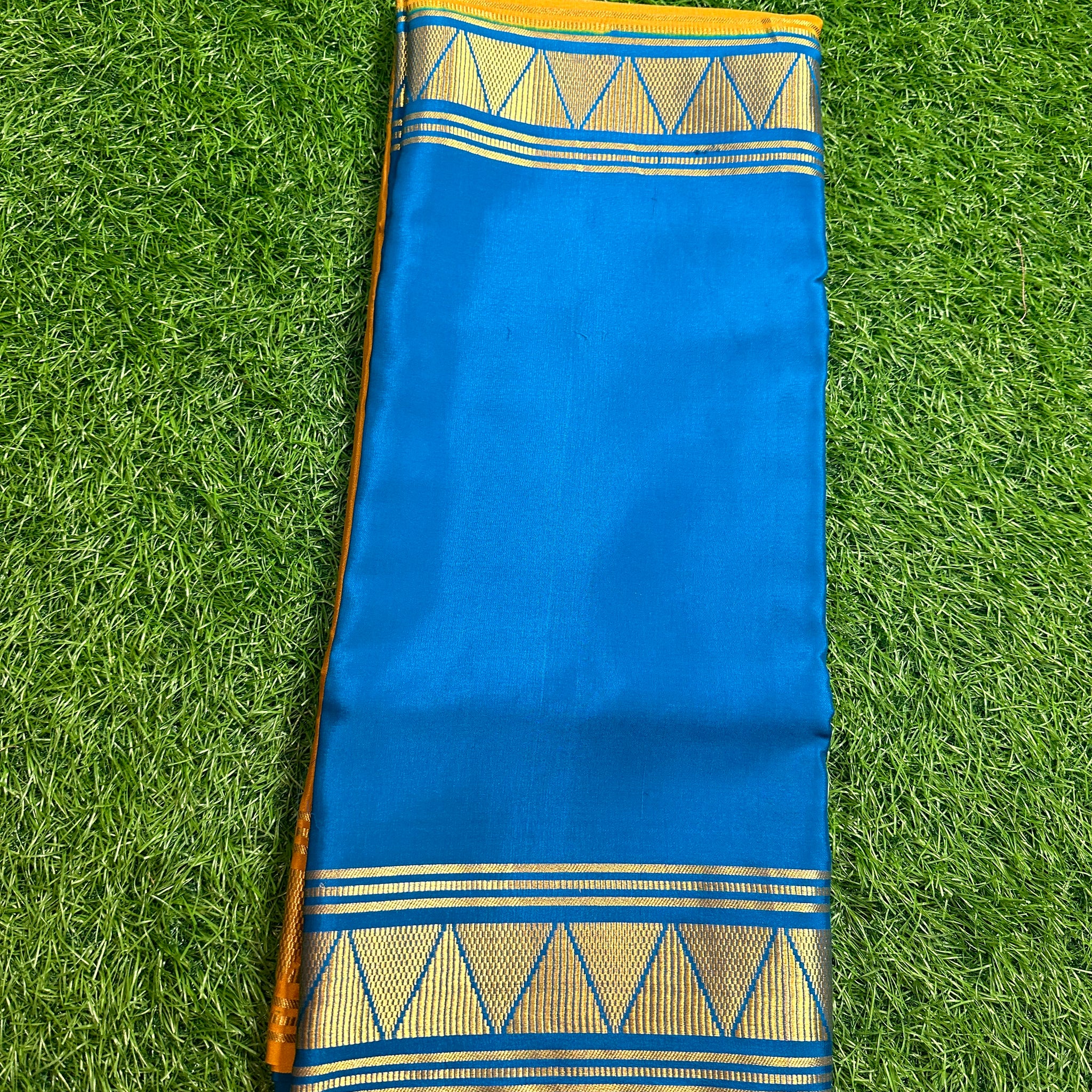 Yellow and blue half and half Mysore Silk sarees 120Gsm