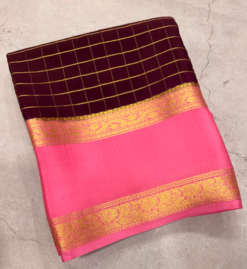 Brown checks n bentex border pure Mysore silk crepe saree