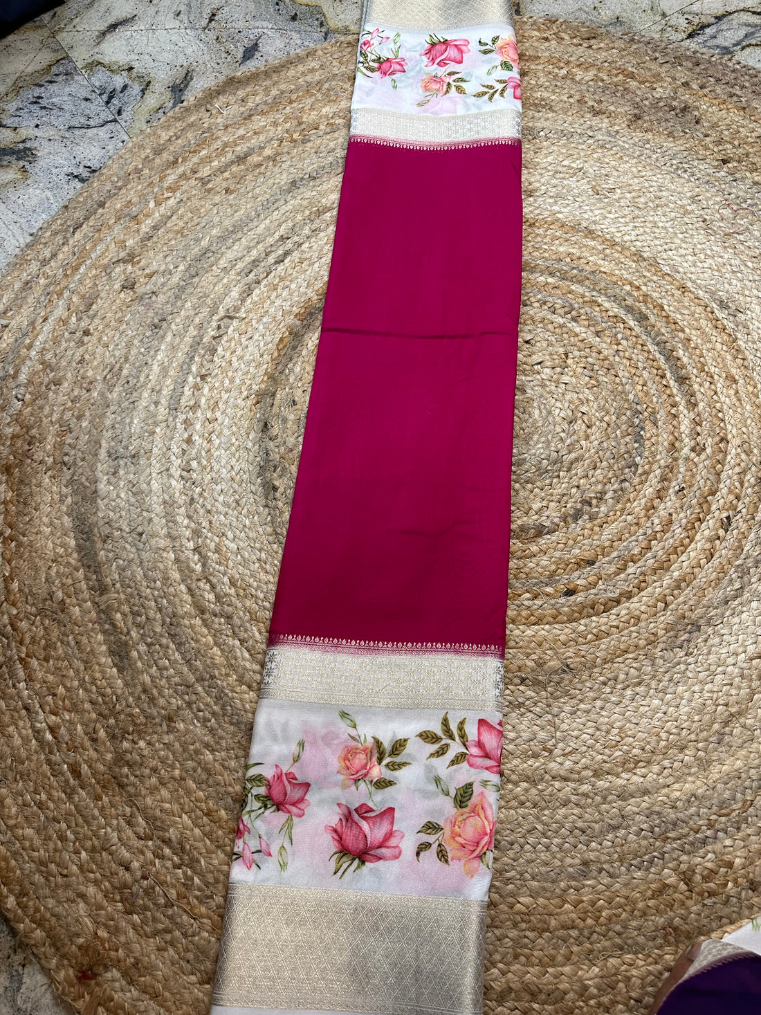 Pink and white semi crepe floral bentex border.