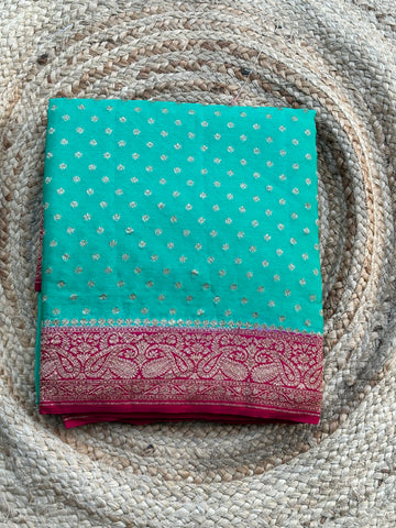 Sea green with pink pure crepe Banaras with brocade blouse