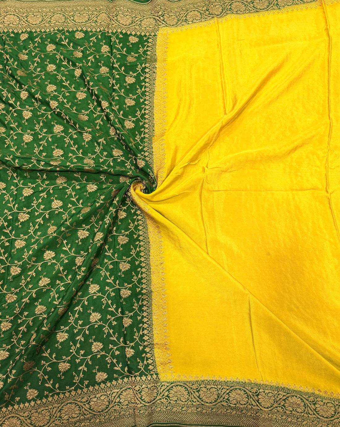 Yellow n bottle partly pallu pure benarasi crepe silk saree