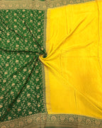 Yellow n bottle partly pallu pure benarasi crepe silk saree