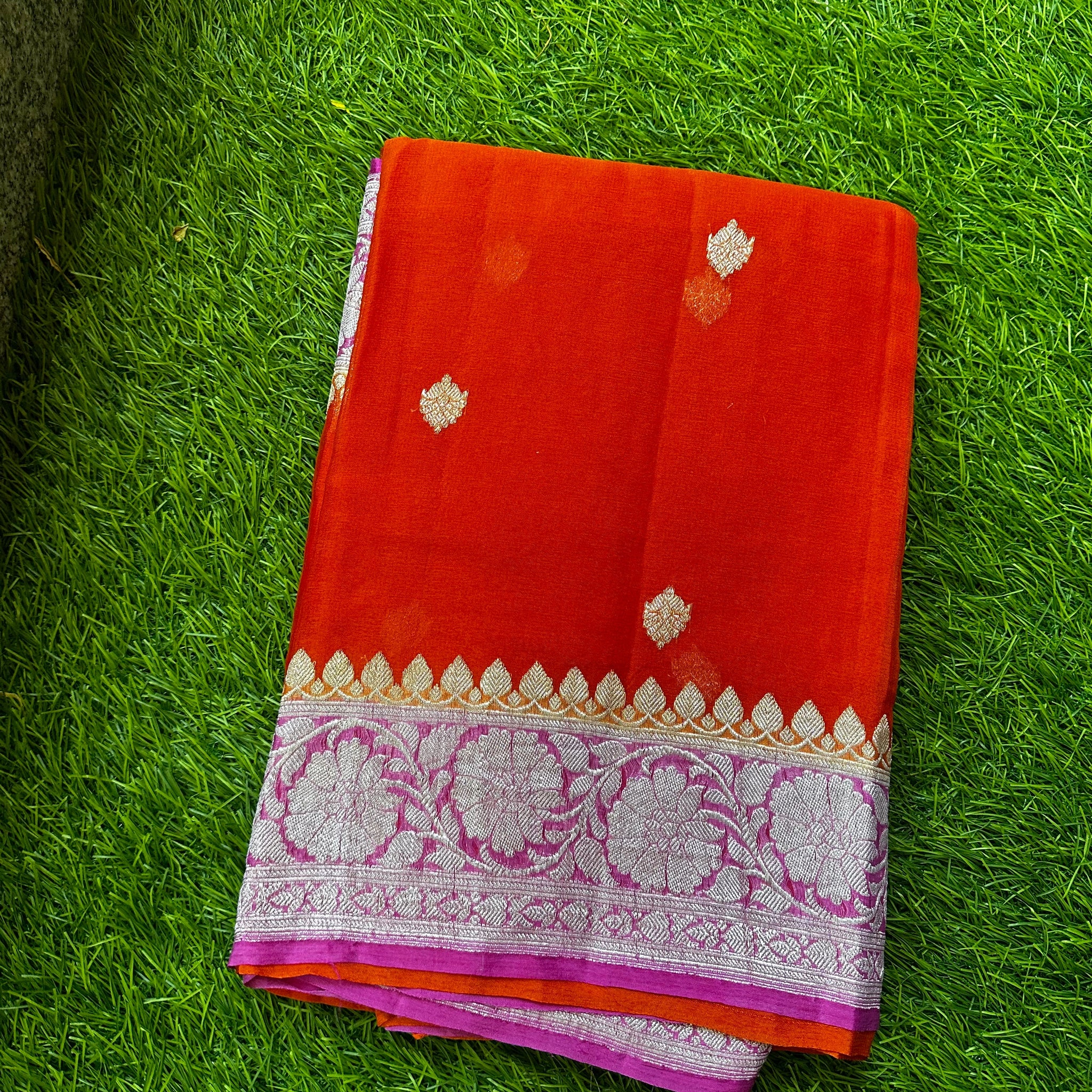 Pure khaddi chiffon, orange and pink.