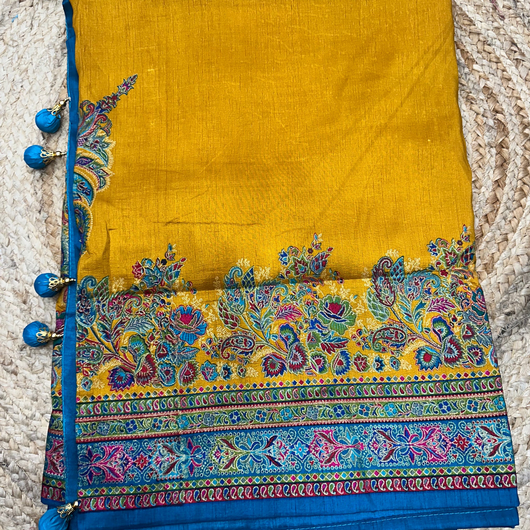 Mustard with blue pashmina prints
