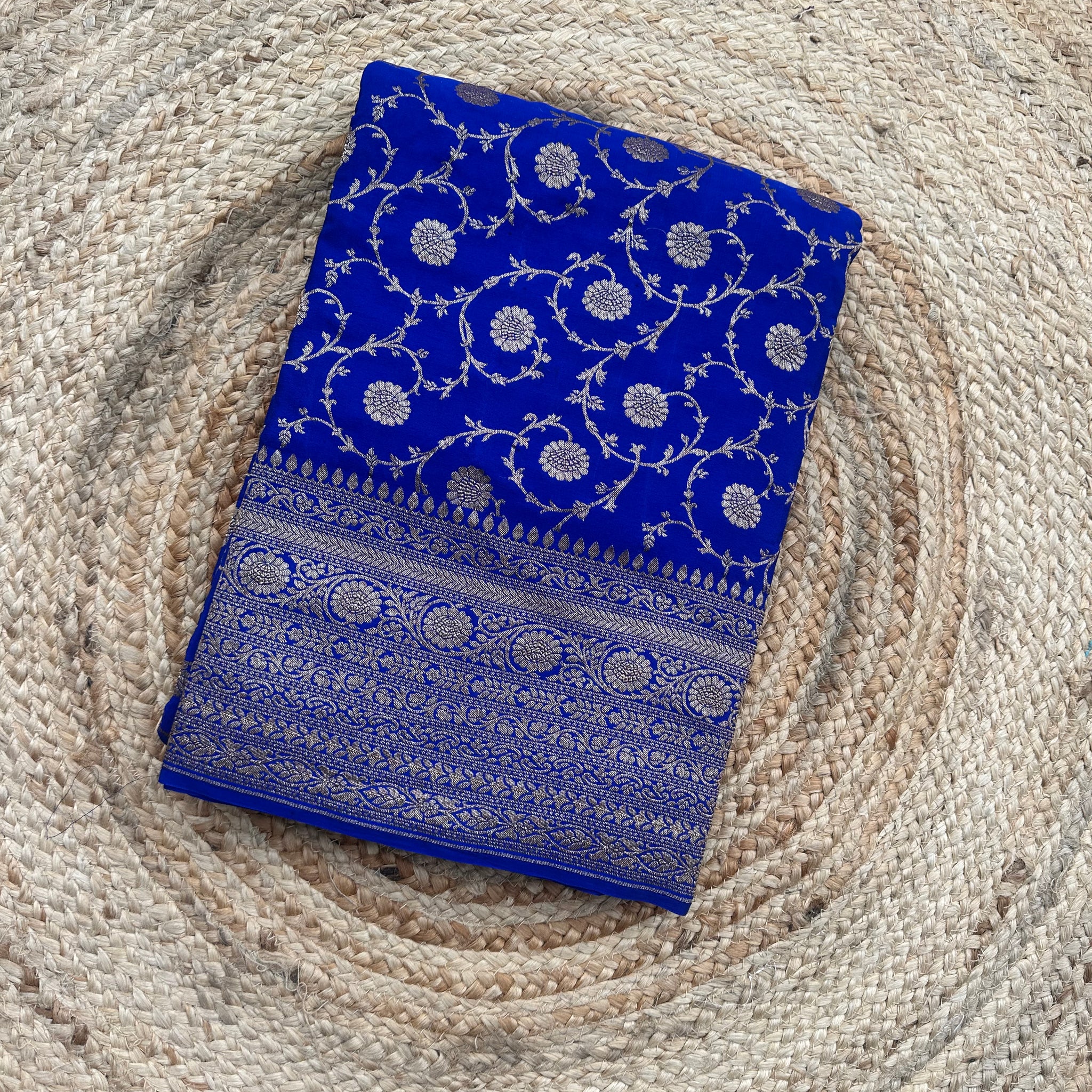 Royal blue pure jaal pattern crepe Banaras sarees