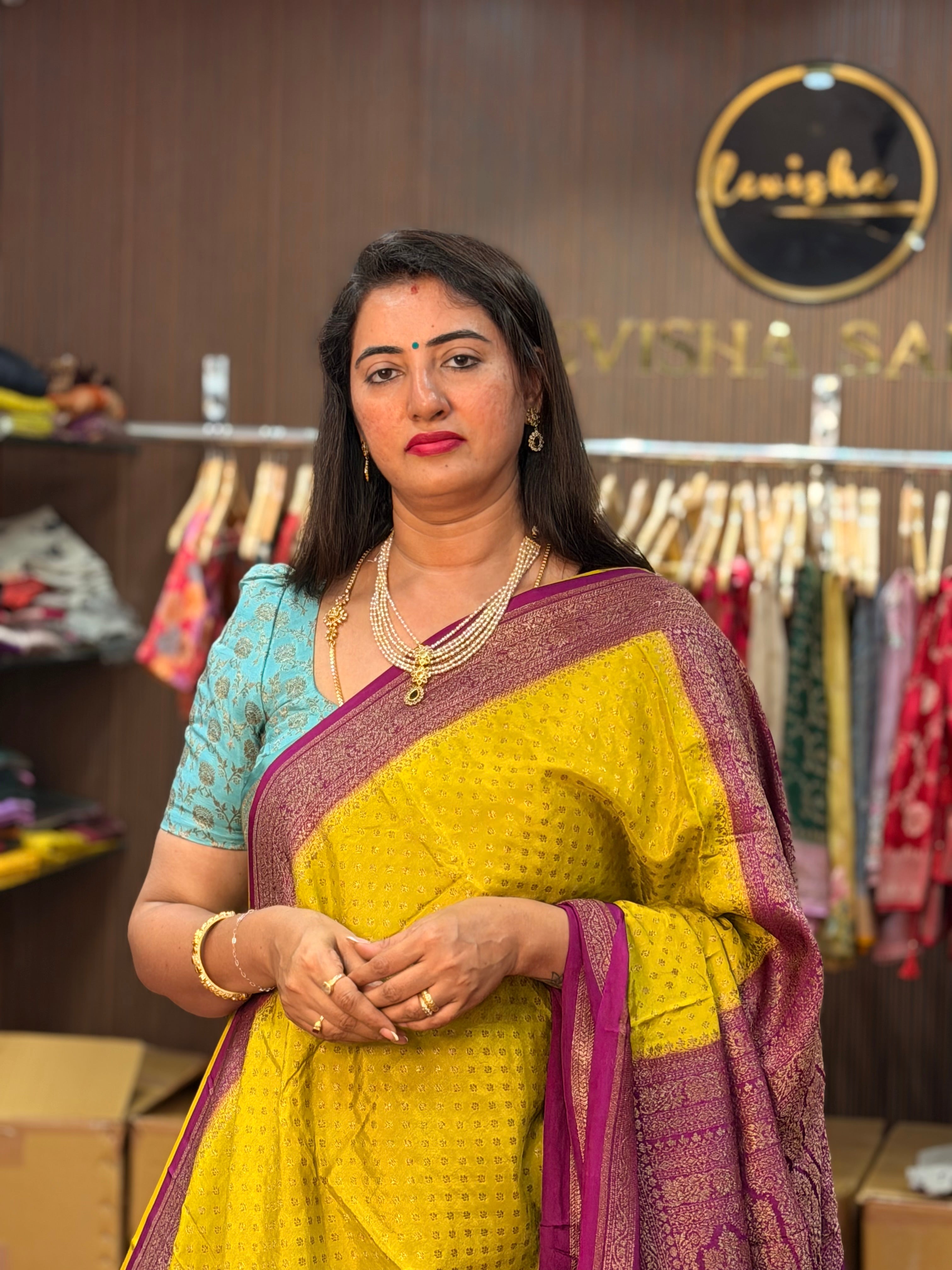 Neon green and magenta pink crepe chiffon Banaras