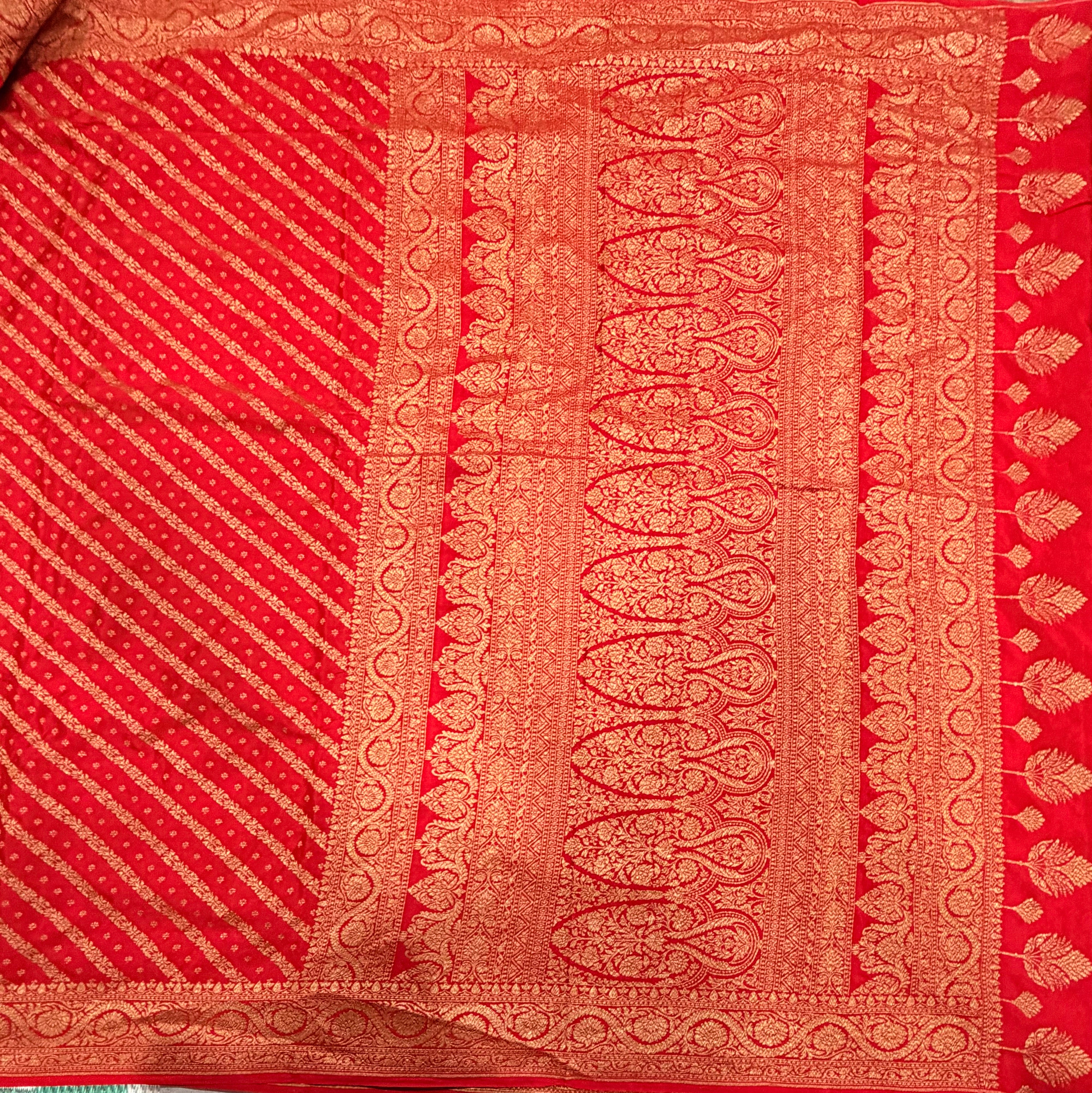 Red stripes small butta pure benarasi crepe silk saree