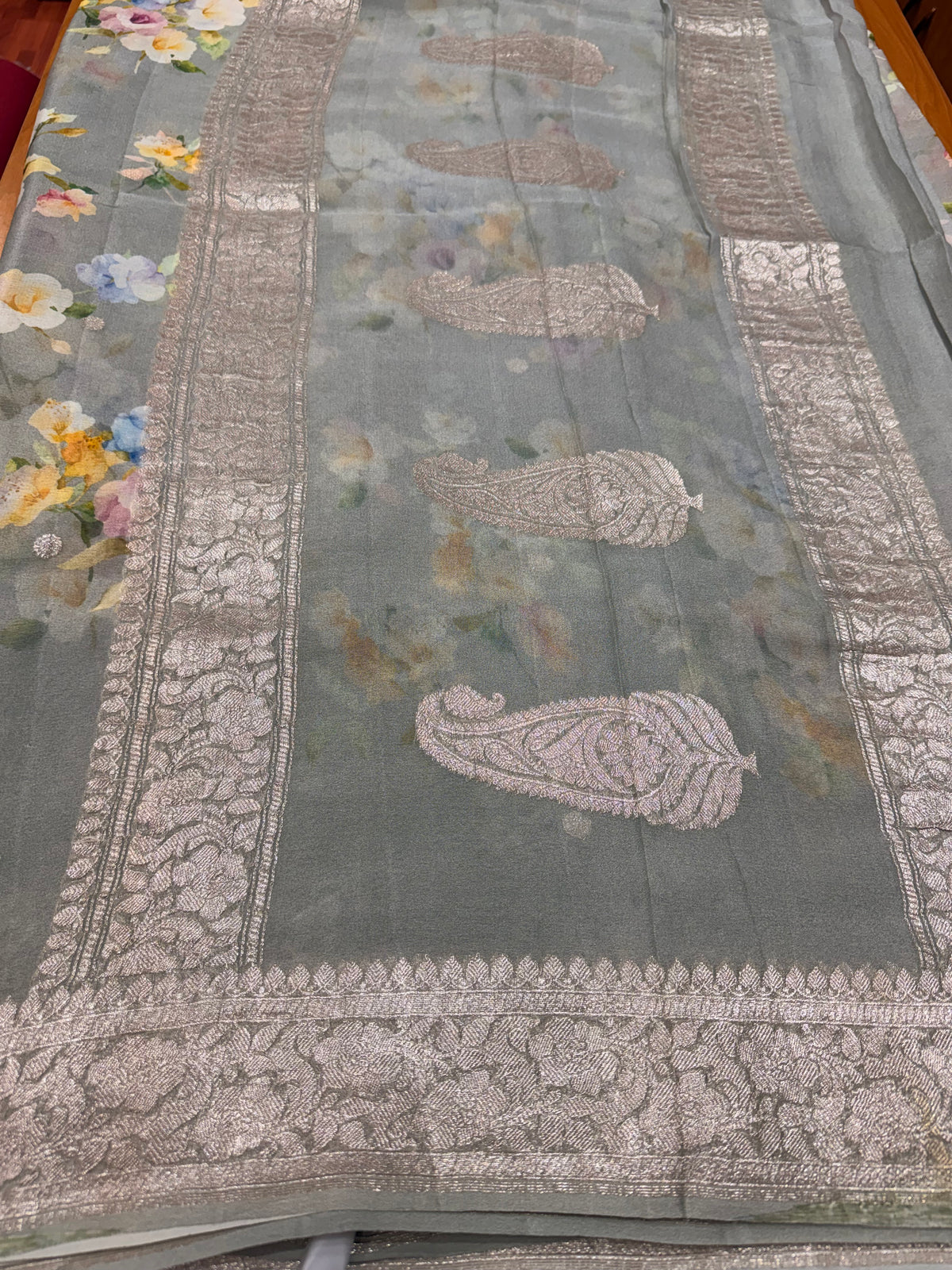 Grey digital print Banarasi pure tissue chiffon saree sliver zari saree