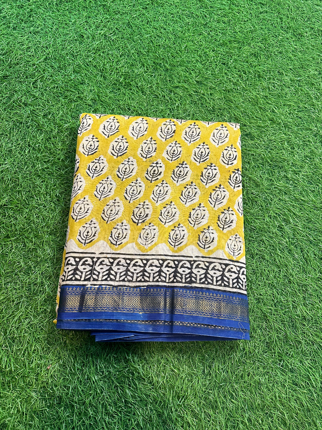 Mustard with blue border Maheshwari silk.