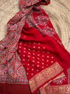 Red Ajrak dola mirror work with premium zari