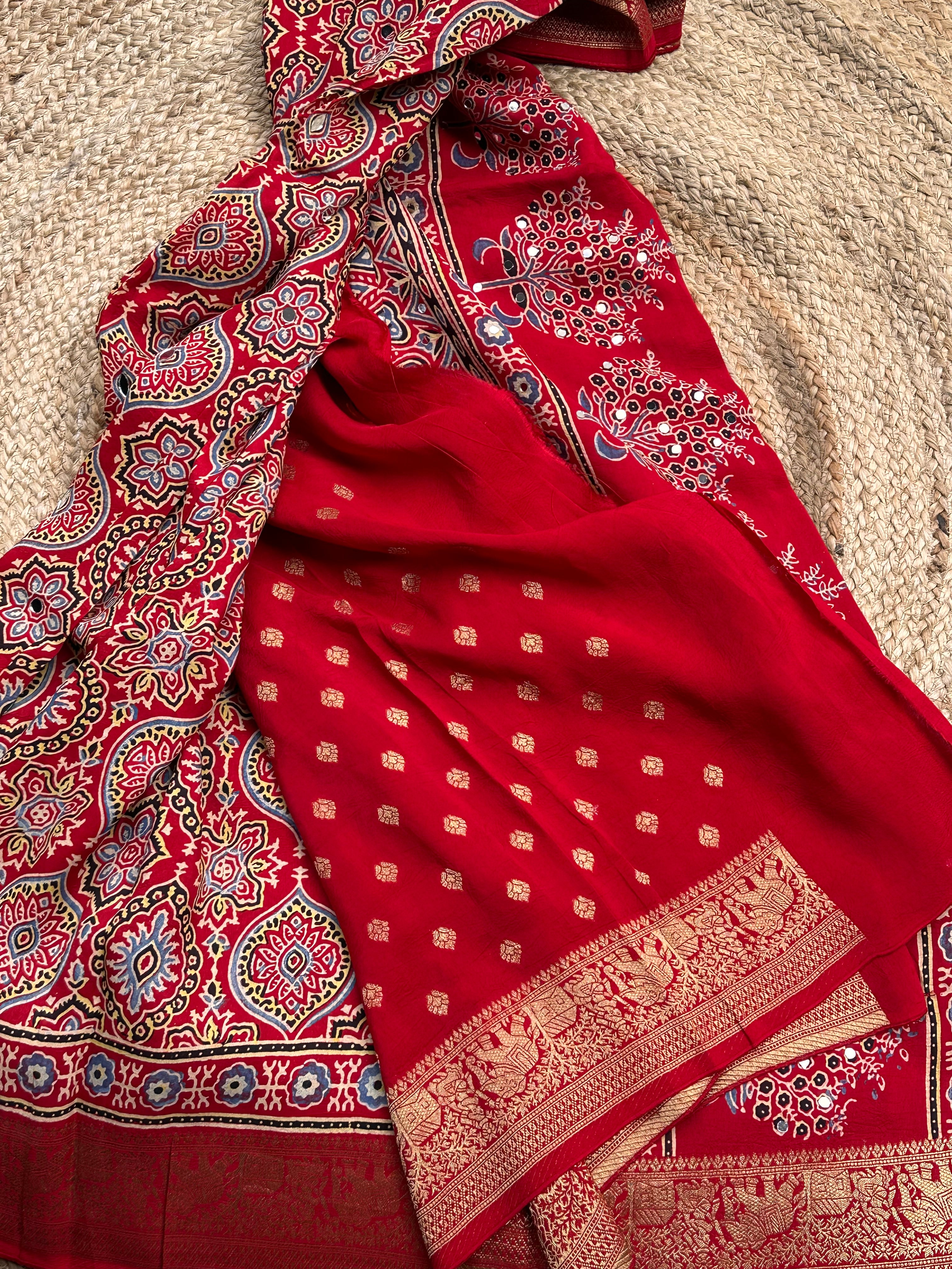 Red Ajrak dola mirror work with premium zari