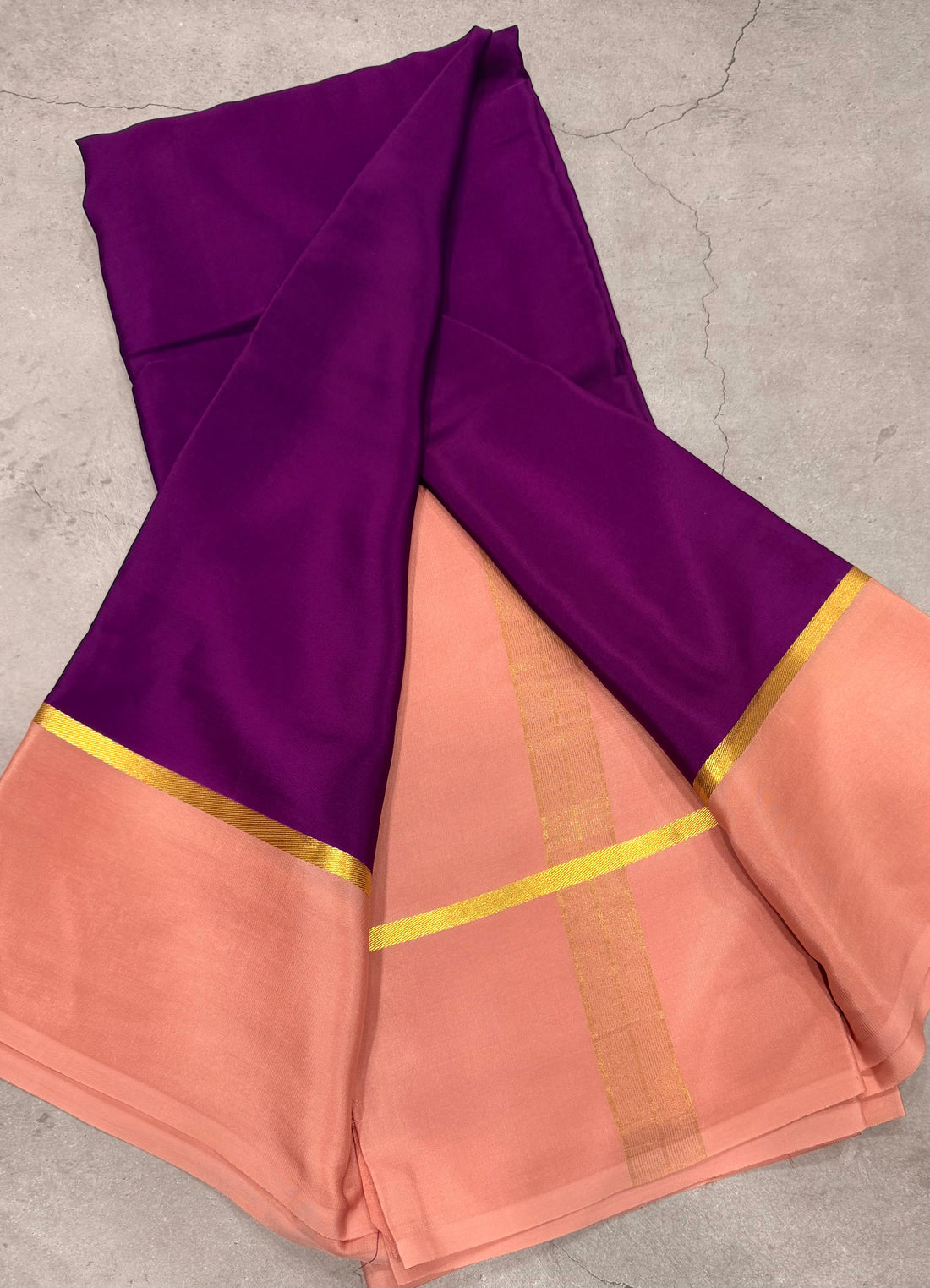 Purple contrast border pure Mysore silk crepe saree