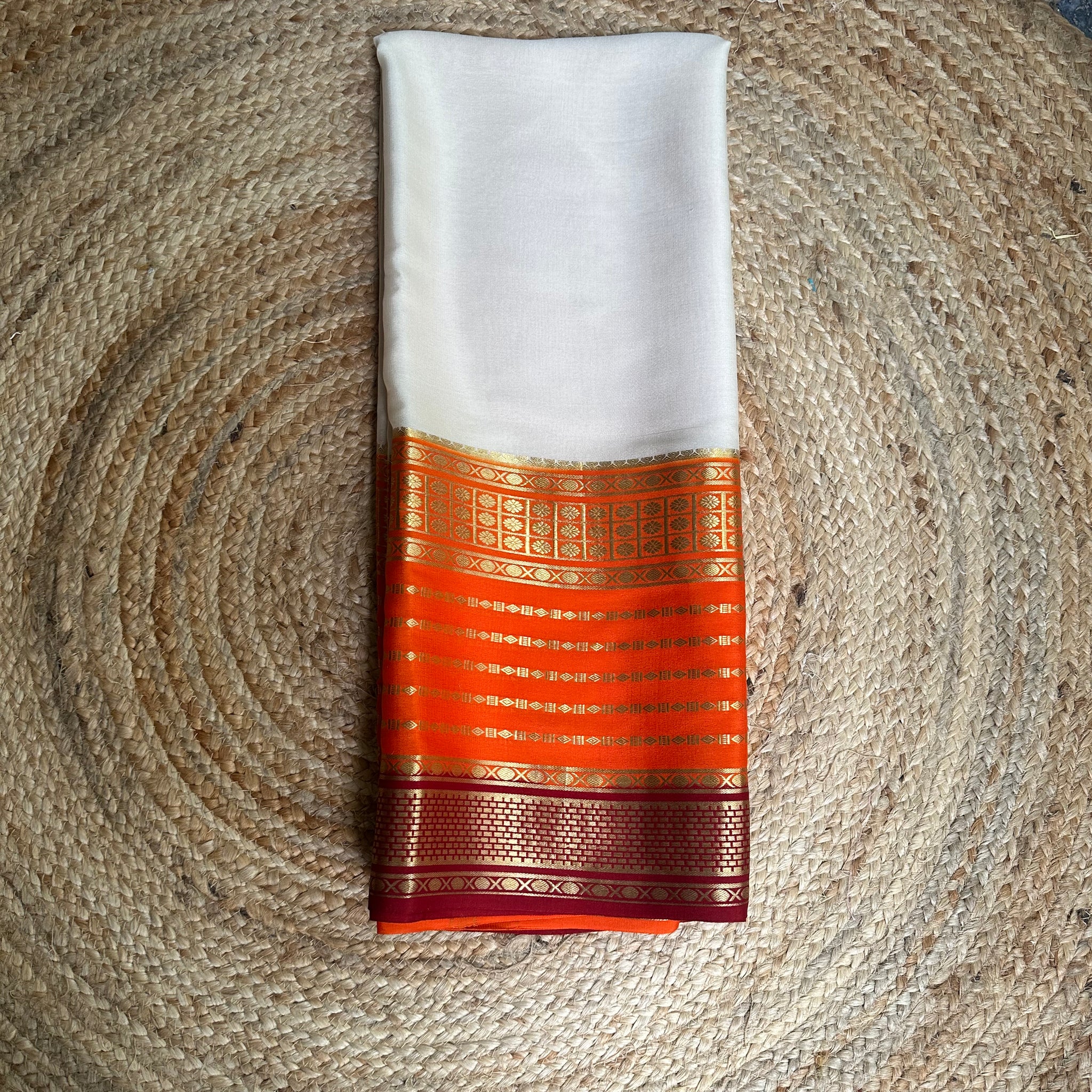 Orange and half white with maroon border,pure Mysore Silk crepe 120 gsm