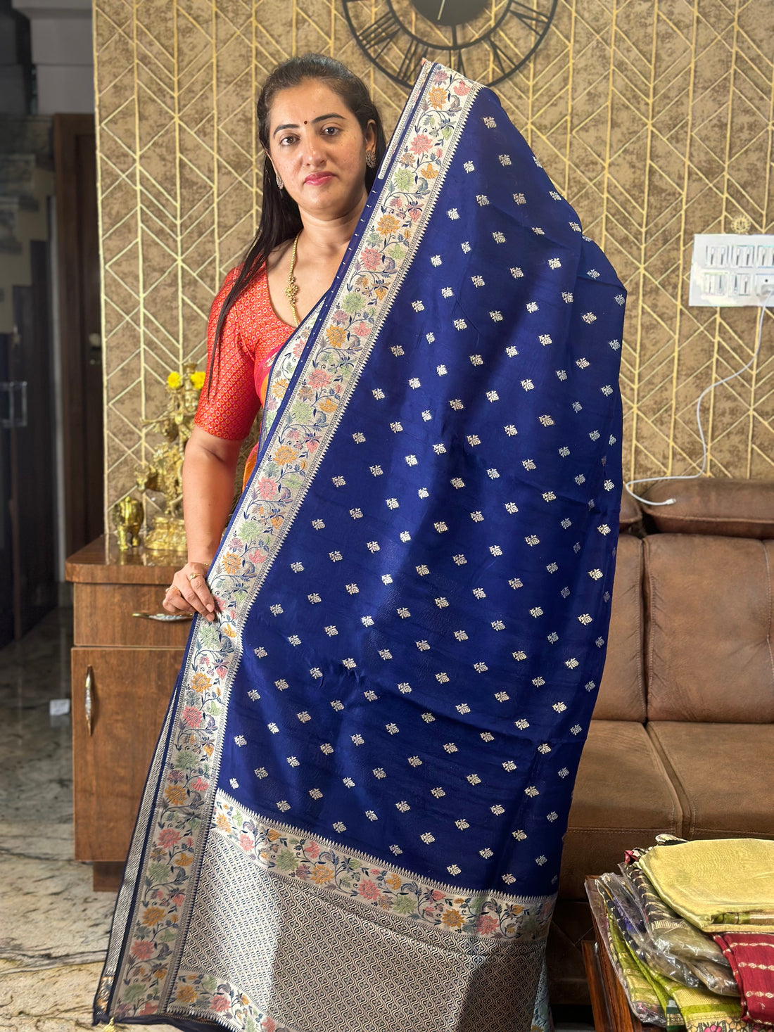 Navy blue pure tusser Paithani border.